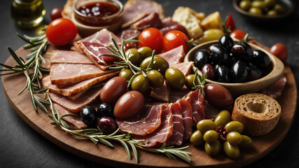 Platter of antipasto with olives and meats background