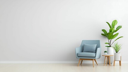 A minimalist interior scene featuring a light blue armchair next to a potted plant, set against a simple white wall.