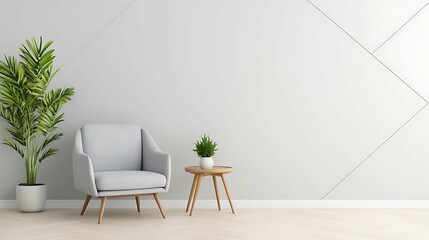 A cozy corner featuring a light blue armchair, a small wooden table with a potted plant, and a decorative plant, set against a minimalist, light-colored wall.