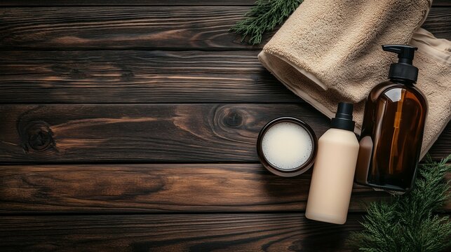 Relaxing spa essentials on wooden surface featuring natural products, towels, and greenery for a calming atmosphere