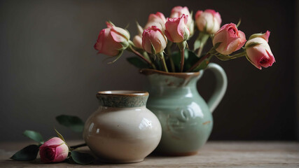 Rosebuds in ceramic pitcher background