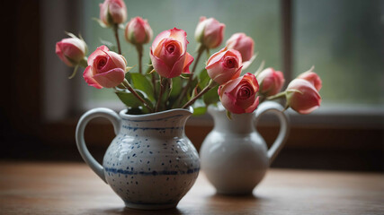 Rosebuds in ceramic pitcher background