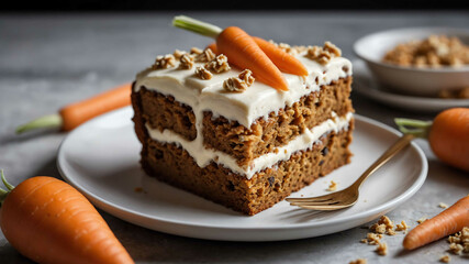 Slice of carrot cake with frosting background