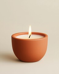 A tranquil scene featuring a lit candle in a rustic terracotta holder, perfect for relaxation and ambiance.