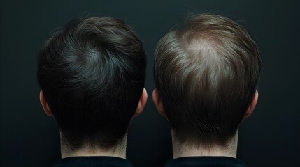 Capture a side-by-side photo comparison of a man's scalp before experiencing hair loss and after undergoing hair restoration treatment