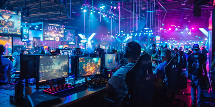 Game expo, world division, gaming industry event or gaming competition amusement, with many live-action players. entertainment conference. hand-edited generative AI. 