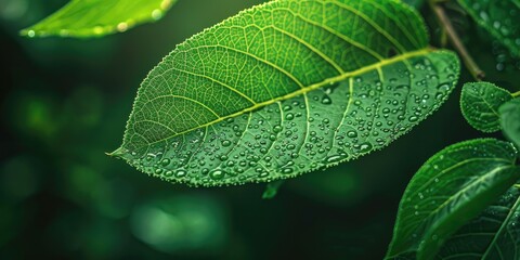Close-up perspective of a vibrant green leaf in a tropical rainforest.
