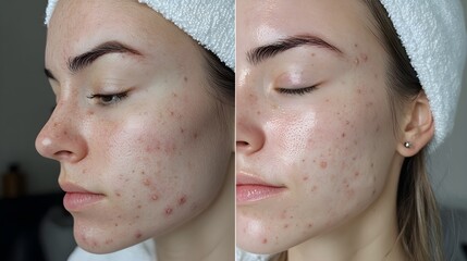 Close-up before-and-after photos in a testimonial, showing dramatic improvement in blackhead removal with chemical exfoliation, Realistic, High Detail, Soft Lighting