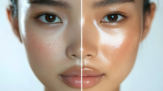 Close-up before-and-after shot of the forehead and T-zone, showing visible blackheads and oily skin before treatment, and smooth, clear skin post-blackhead extraction