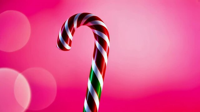 A close up of a colorful candy cane against a vibrant pink backdrop, evoking festive cheer and holiday spirit