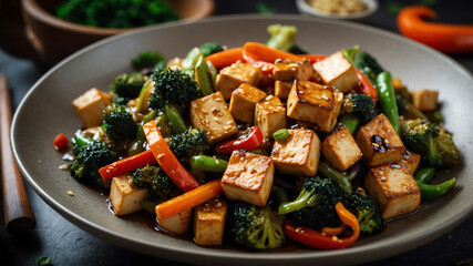 Vegan tofu stir fry with vegetables background