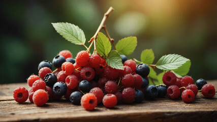 Wild berries on wooden chopping block background