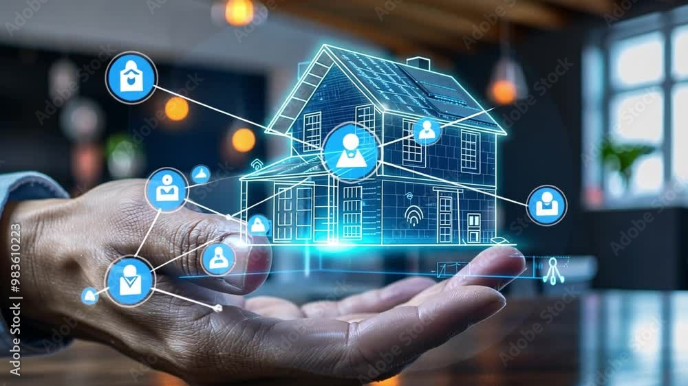 Poster a hand extends forward, displaying a holographic smart home model filled with various digital elemen