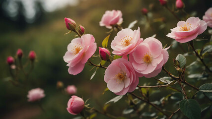 Fototapeta premium Wild roses blooming along path background