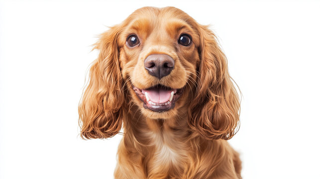 a grinning cocker spaniel with curly ears and a friendly expression against an isolated soft white background