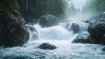 Obraz premium A mountain river cascading over rocks, with water splashing and mist rising in the crisp air.