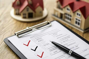 Real Estate Checklist with Model Houses and Pen