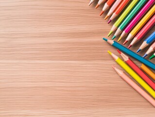 Fototapeta premium Colorful pencils arranged on a wooden background, perfect for artistic and creative projects.