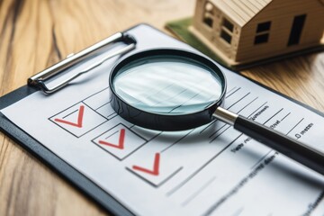 Magnifying Glass Over Checklist with House Model