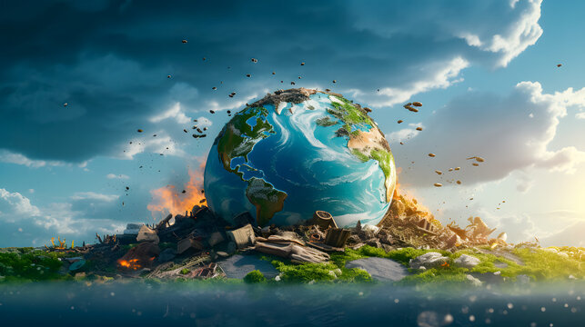 illustration of planet earth burning because of industrial factories that cause pollution and polluted areas, resulting in climate change and the greenhouse effect. suitable for earth day poster