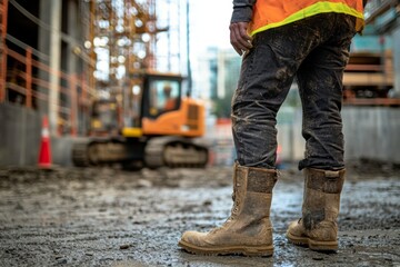 Worker on Construction Site with Safety Gear and Boots