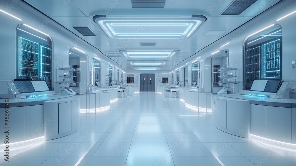 Poster futuristic laboratory with sleek design and advanced technology.