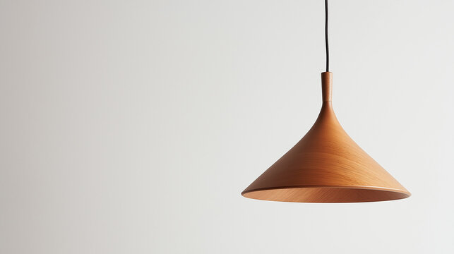 a wooden pendant light fixture with a minimalist design hanging over a dining table against an isolated soft white background
