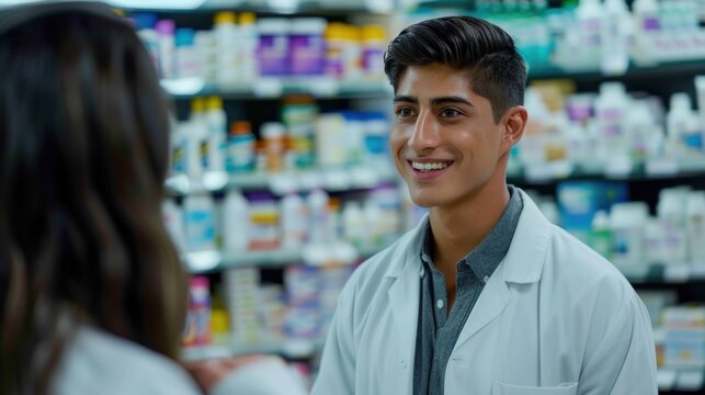 Pharmacy specialist: male pharmacist, demonstrating professionalism and skill in a modern pharmacy environment, with aon his attentive role in providing medication and health advice
