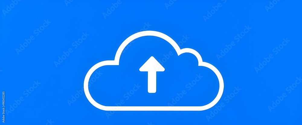 Poster a simple cloud icon with a small upward-facing arrow inside, representing cloud uploads or cloud sto