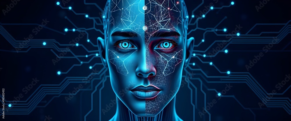 Poster a machine face with flowing neural networks connecting both sides.
