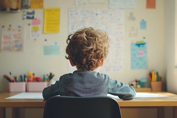 A Young Boy Focused on His Work at a Desk
