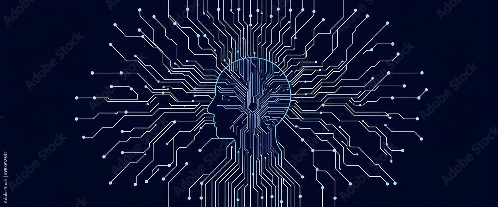 Poster a circuit board-inspired design with nodes and neural pathways forming a web, centered around a huma