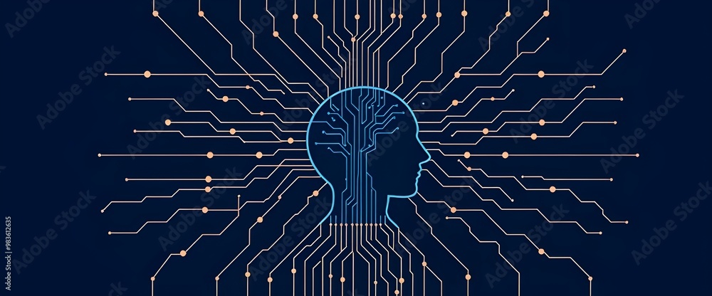 Poster a circuit board-inspired design with nodes and neural pathways forming a web, centered around a huma