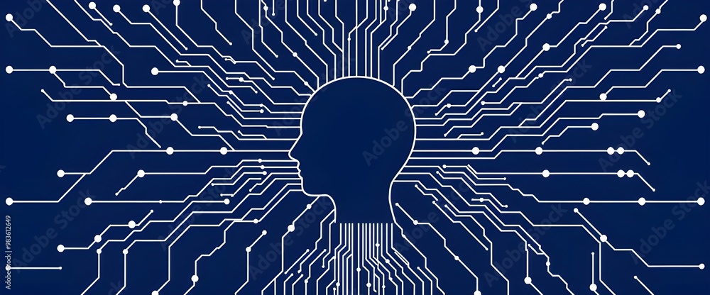 Poster a circuit board-inspired design with nodes and neural pathways forming a web, centered around a huma