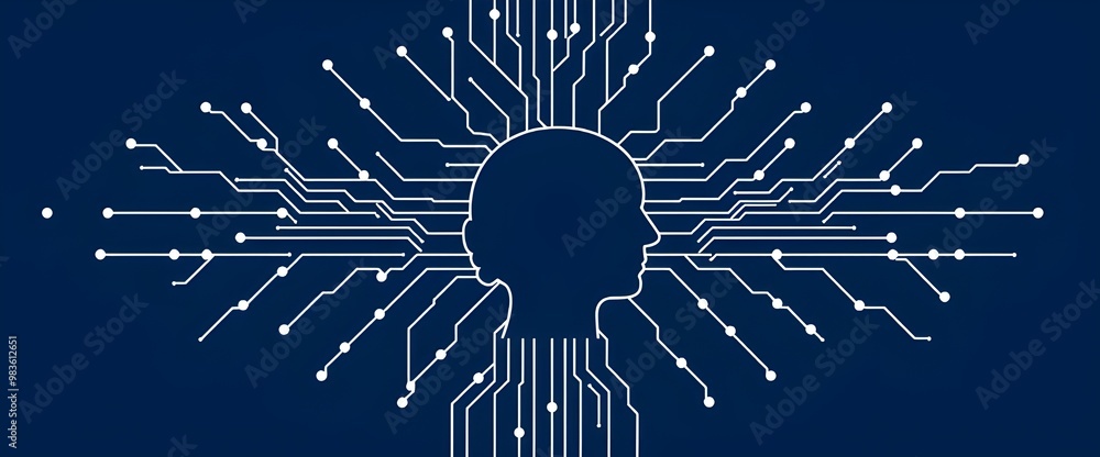 Poster a circuit board-inspired design with nodes and neural pathways forming a web, centered around a huma