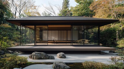 Naklejka premium Tranquil Japanese Garden Pavilion Amid Autumn Foliage in Serene Zen Landscape