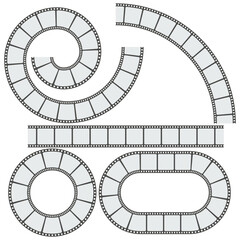Filmstrip vector set. Spiral and oval frames. Curved movie reels. Cinematic graphic elements.