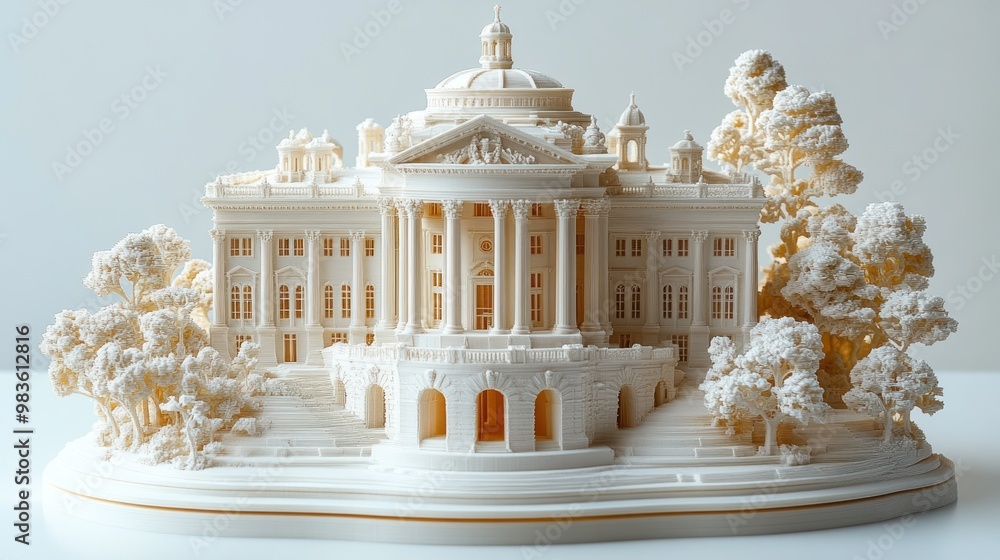 Poster intricate architectural model of a historic building with trees.