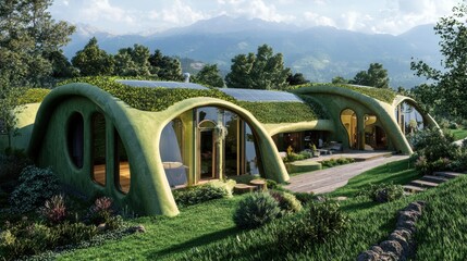 Fototapeta premium Whimsical Eco Friendly Residential Abode Nestled in Lush Mountainous Landscape