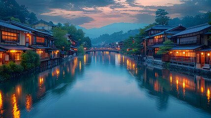 Fototapeta premium Scenic Riverfront with Traditional Houses at Dusk - Photo