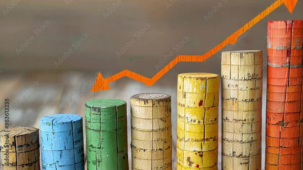 Poster Wooden blocks in various colors are stacked in ascending order on a wooden surface, while a bright arrow points upward, symbolizing growth and progress in a creative manner.