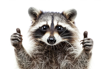 Fototapeta premium A raccoon giving a thumbs up against a white background.