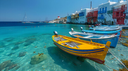 Colorful Boats Moored in Clear Turquoise Water - Photo