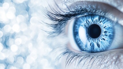 Fototapeta premium Close-up of bright blue eye with detailed iris pattern and soft blurred background