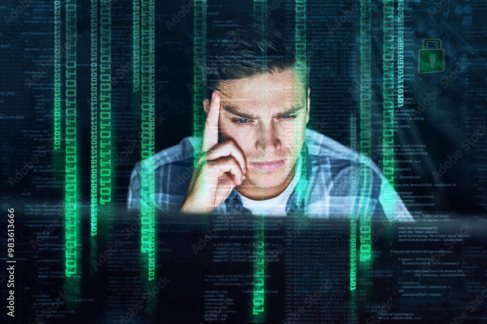Leinwandbilder Dark office, cybersecurity and man with data overlay for online metrics, binary code or firewall for crypto trade. Software, thinking and web hacker with malware, virtual hologram or network system