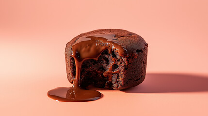 a chocolate fondant with molten chocolate oozing from the center against an isolated pastel orange background