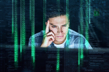 Dark office, cybersecurity and man with data overlay for online metrics, binary code or firewall...