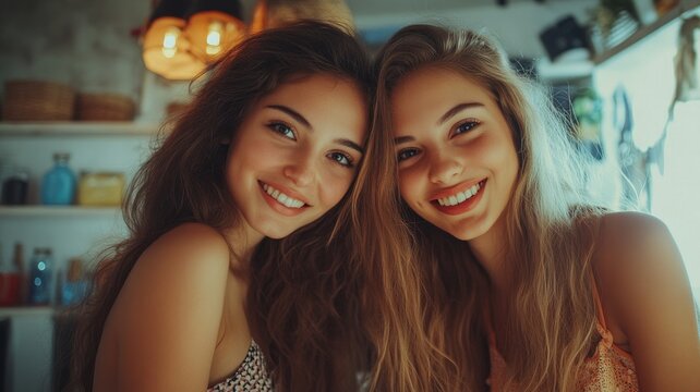 Two young women with long hair smiling in warmly lit room