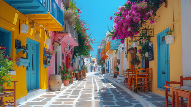 Fototapeta Colorful Mediterranean Street with Stone Paved Pathway - Illustration
