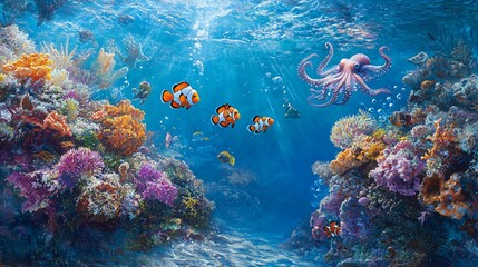 Fototapeta premium Vibrant underwater scene with colorful coral reef, clownfish, and an octopus.